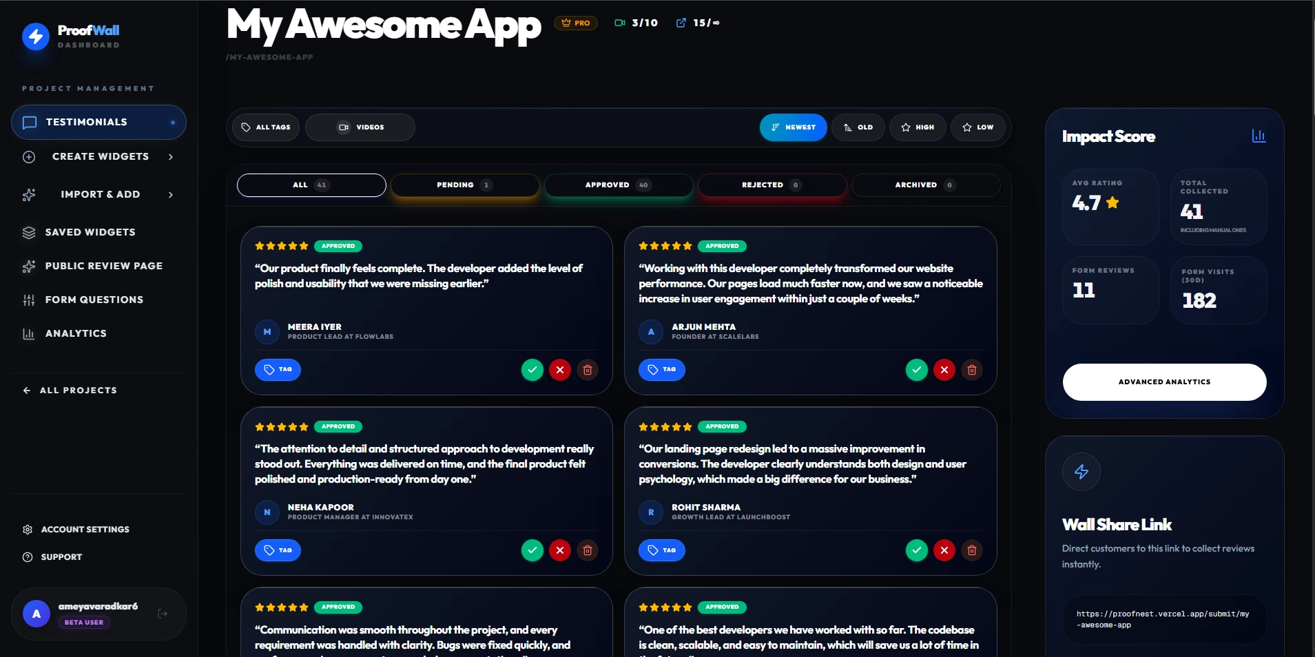 ProofNest dashboard
